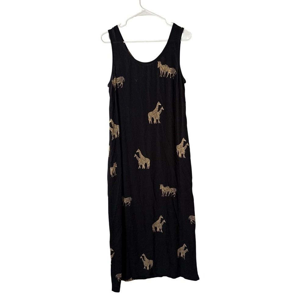 Vintage DJI Black Rayon Crinkle Maxi Dress Giraffe Zebra Embroidered Size 12